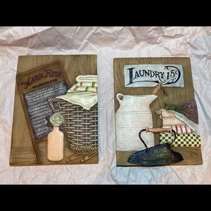 Two (2) Laundry Room Signs Retro Look Ceramic/Cement Novelty Wall Decor